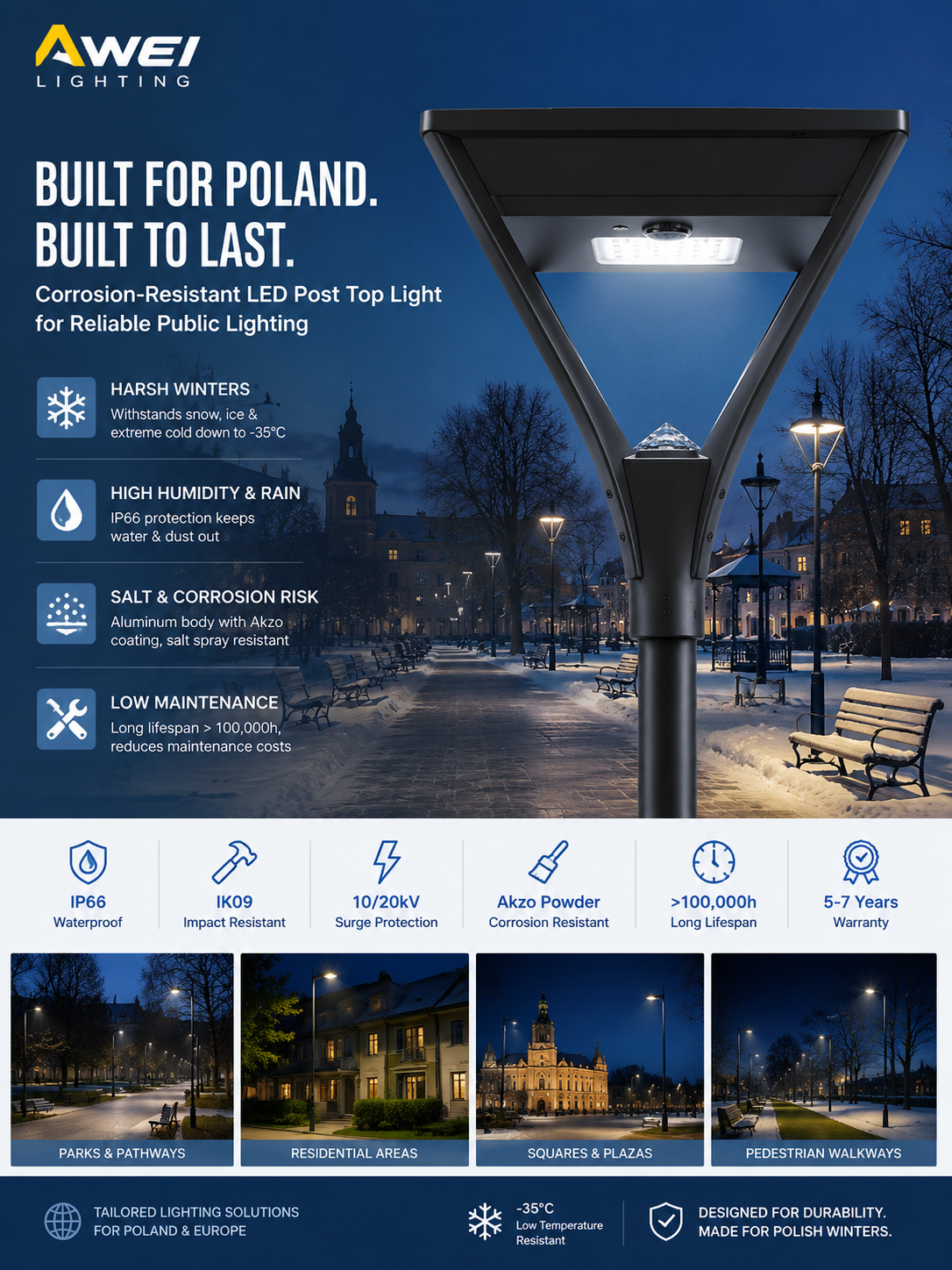 Blog perusahaan terbaru tentang Lampu atas tiang LED tahan korosi mendukung pengembangan pencahayaan umum selama renovasi perkotaan Polandia