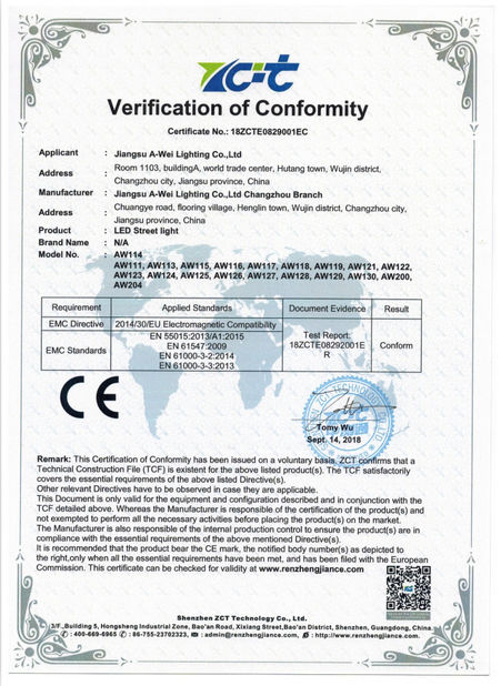 Cina Jiangsu A-wei Lighting Co., Ltd. Sertifikasi